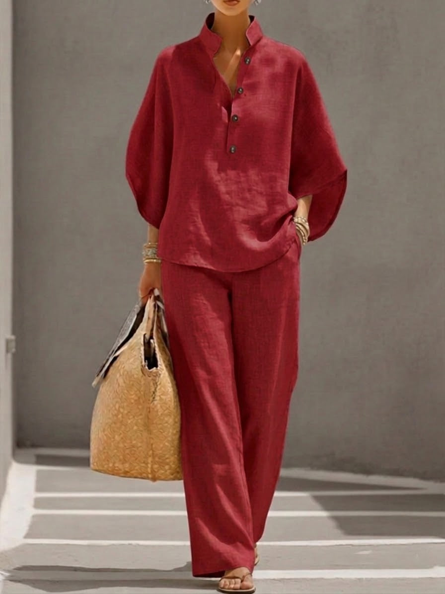 Wide Leg Coord - Women's High-Waisted Pants and Batwing Sleeve Top Set 5