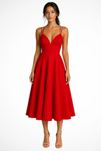 Women’s A-Line Midi Dress in High-Quality Fabric with Sweetheart Neckline and Strappy Design 0