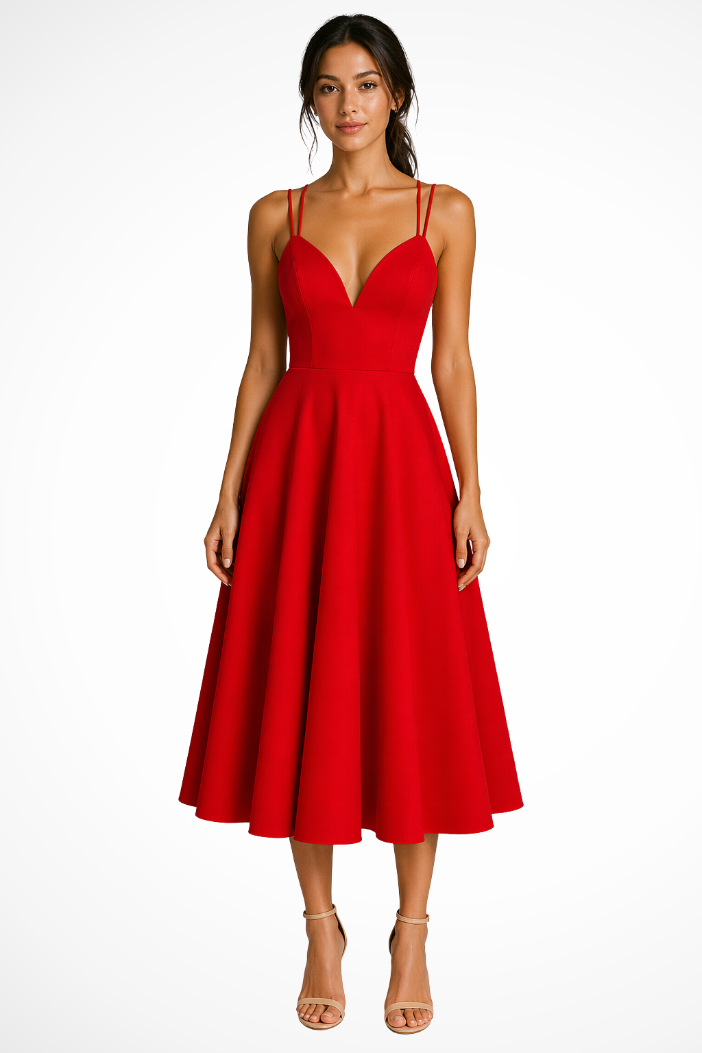 Women’s A-Line Midi Dress in High-Quality Fabric with Sweetheart Neckline and Strappy Design 0