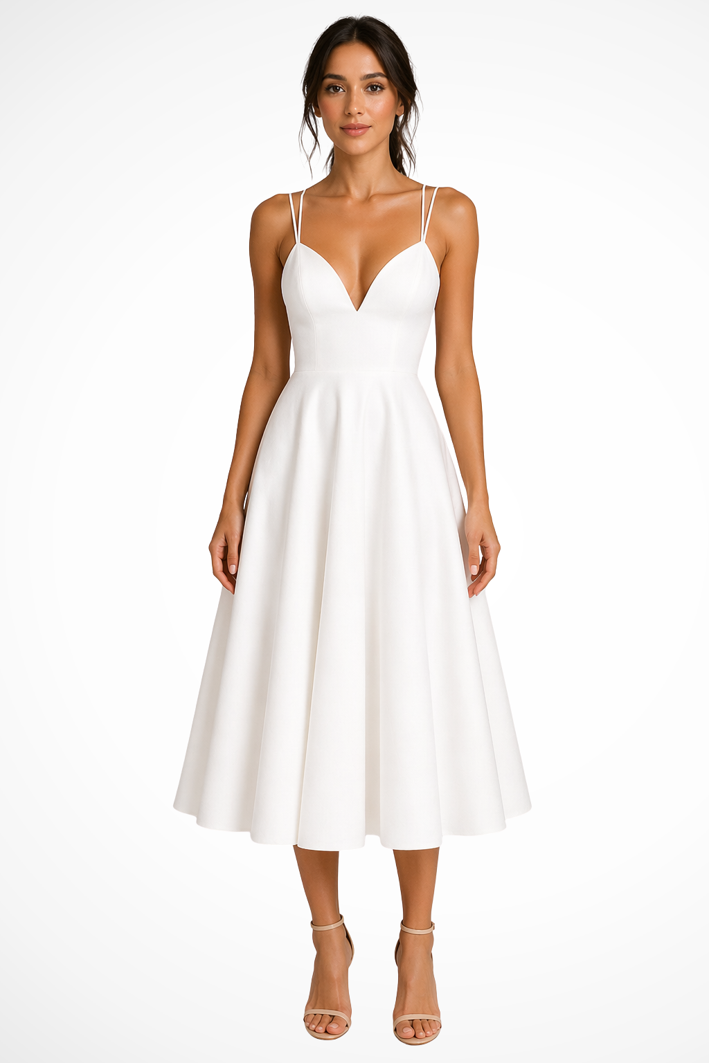 Women’s A-Line Midi Dress in High-Quality Fabric with Sweetheart Neckline and Strappy Design 1