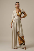 Women’s Abstract Print Wide Leg Jumpsuit with V-Neck and Regular Fit 0