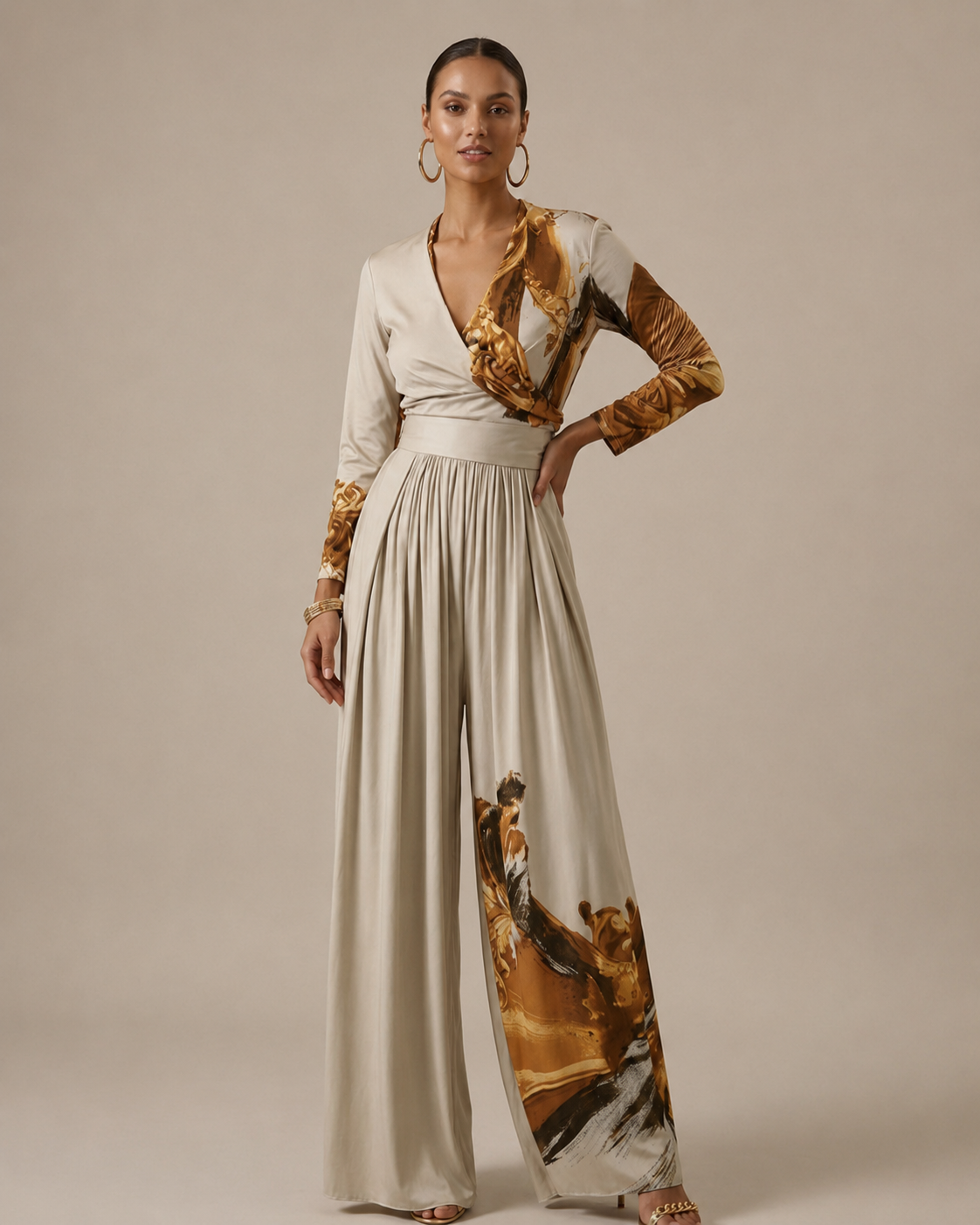 Women’s Abstract Print Wide Leg Jumpsuit with V-Neck and Regular Fit 01