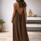 Women’s Backless Maxi Dress in Cotton-Linen Blend with Adjustable Straps 0