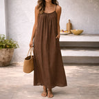 Women’s Backless Maxi Dress in Cotton-Linen Blend with Adjustable Straps 1