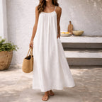 Women’s Backless Maxi Dress in Cotton-Linen Blend with Adjustable Straps 3