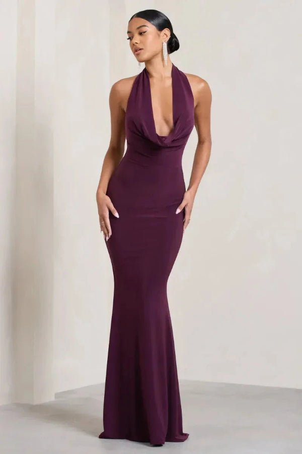 Women’s Backless Purple Mermaid Gown with Cowl Neckline 0