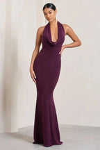 Women’s Backless Purple Mermaid Gown with Cowl Neckline 1