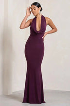 Women’s Backless Purple Mermaid Gown with Cowl Neckline 4