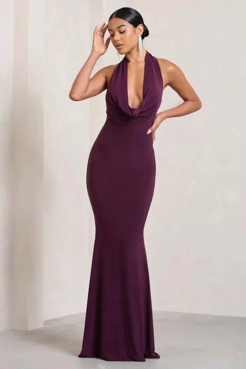 Women’s Backless Purple Mermaid Gown with Cowl Neckline 4
