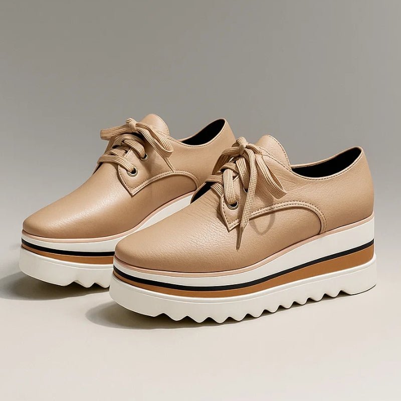 Women’s Beige Platform Lace-Up Wedge Sneakers with Striped Design 0