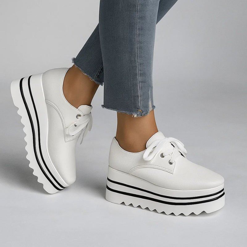 Women’s Beige Platform Lace-Up Wedge Sneakers with Striped Design 1