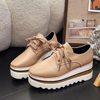Women’s Beige Platform Lace-Up Wedge Sneakers with Striped Design 4