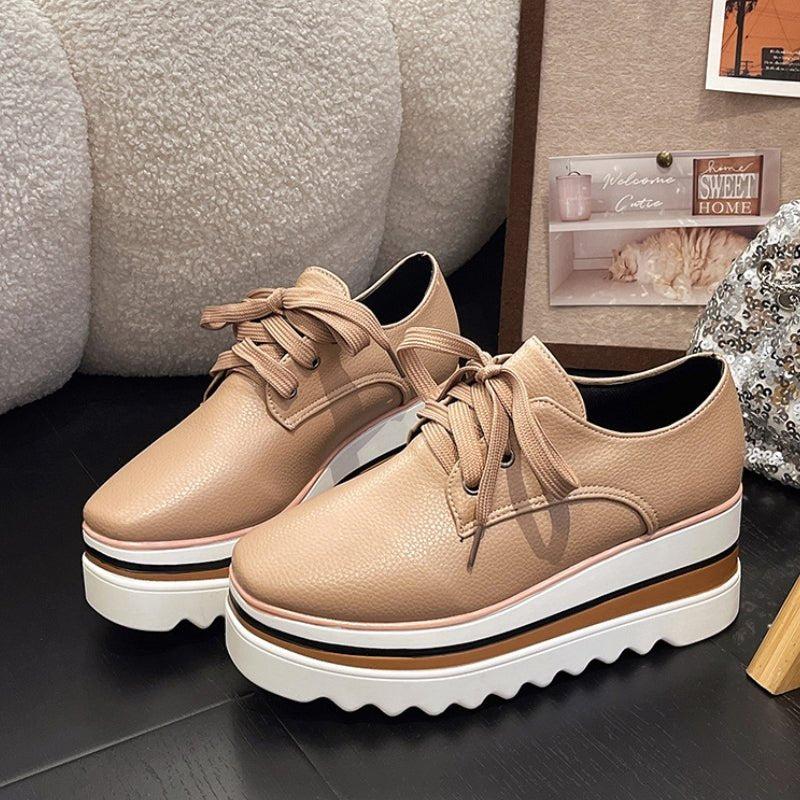 Women’s Beige Platform Lace-Up Wedge Sneakers with Striped Design 4