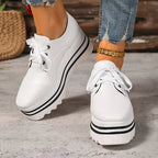 Women’s Beige Platform Lace-Up Wedge Sneakers with Striped Design 6