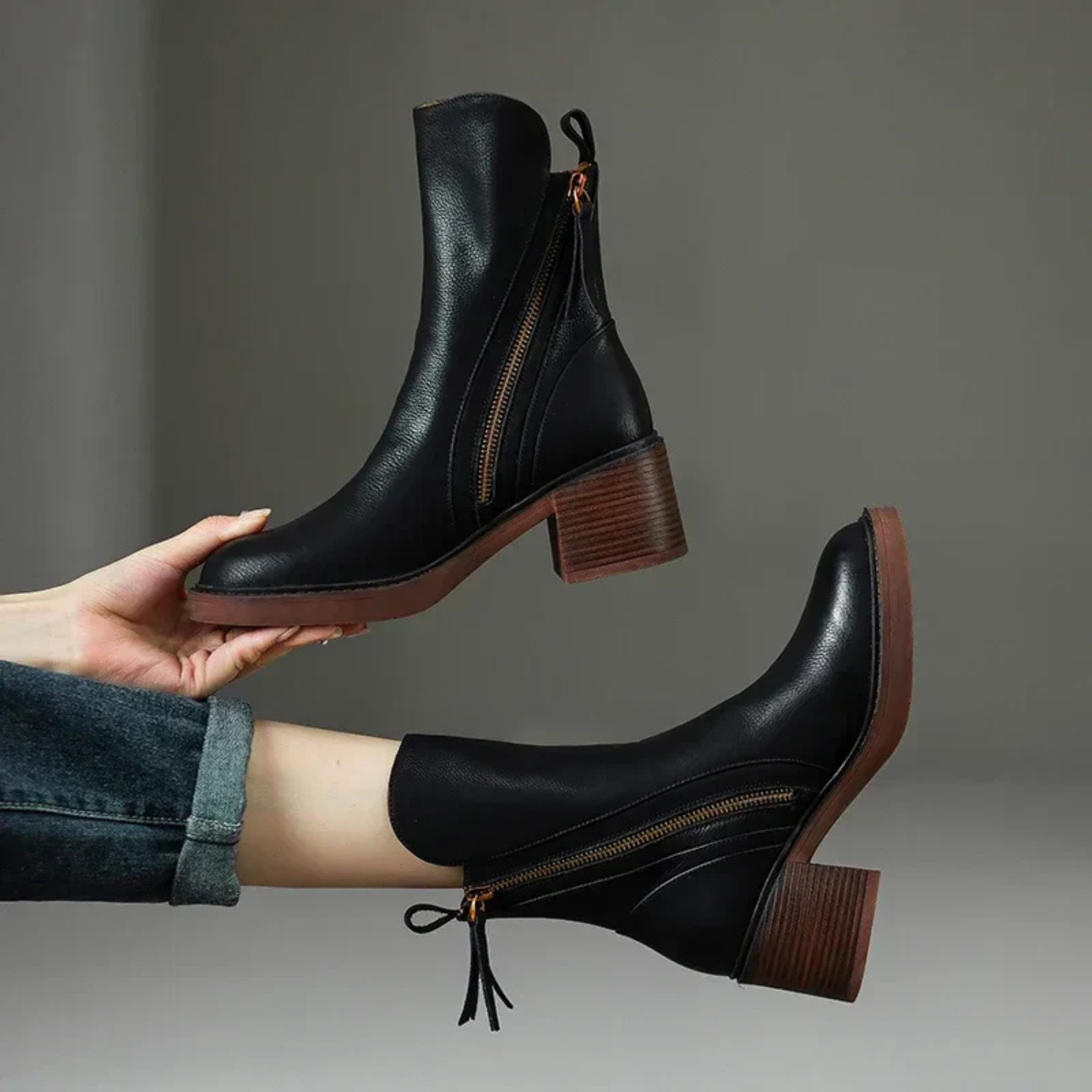 Women’s Black Ankle Boots with Side Zip and Block Heel 0