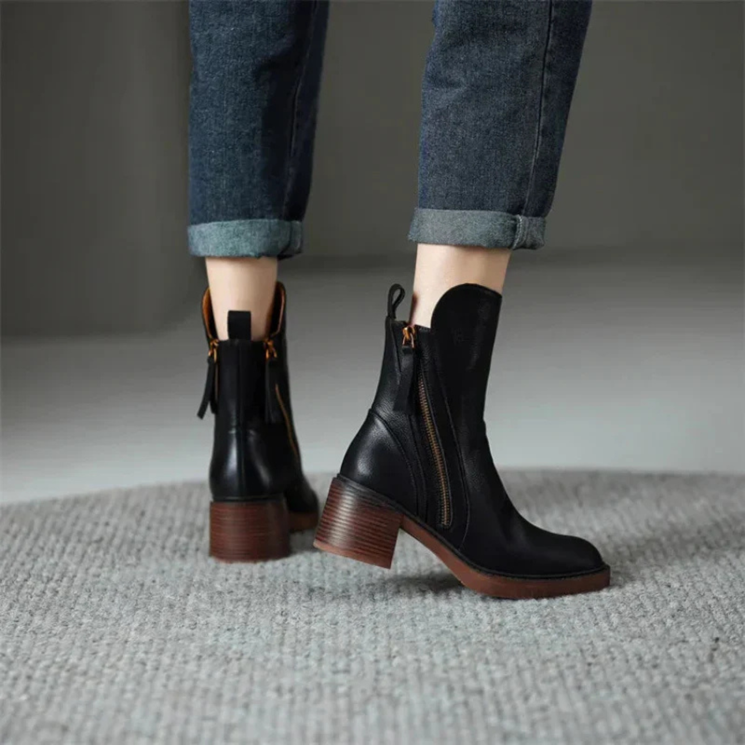 Women’s Black Ankle Boots with Side Zip and Block Heel 1