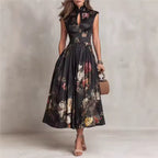 Women’s Black Floral Midi Dress with Mao Neck and Pleated Skirt 0