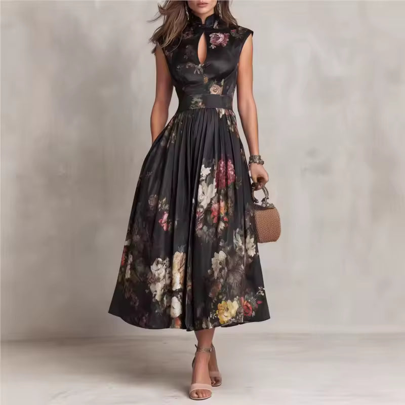 Women’s Black Floral Midi Dress with Mao Neck and Pleated Skirt 0