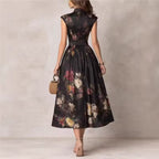 Women’s Black Floral Midi Dress with Mao Neck and Pleated Skirt 1