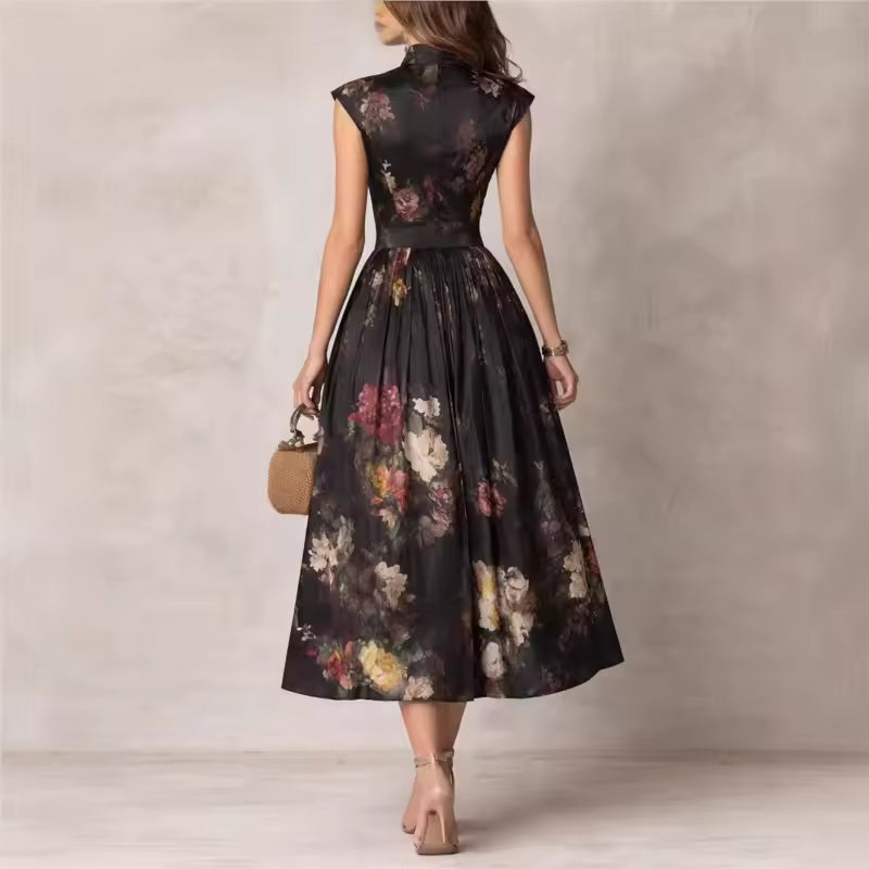 Women’s Black Floral Midi Dress with Mao Neck and Pleated Skirt 1