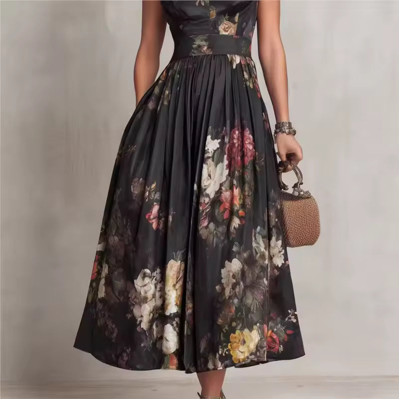 Women’s Black Floral Midi Dress with Mao Neck and Pleated Skirt 3