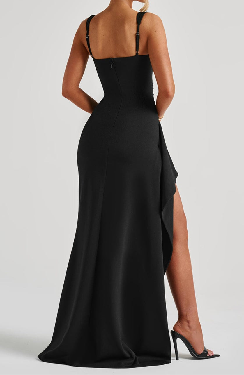 Women’s Black Maxi Dress with Square Neckline and Thigh-High Split 1