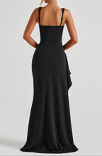 Women’s Black Maxi Dress with Square Neckline and Thigh-High Split 4