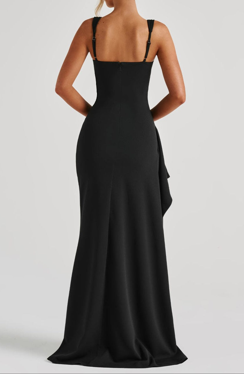 Women’s Black Maxi Dress with Square Neckline and Thigh-High Split 4