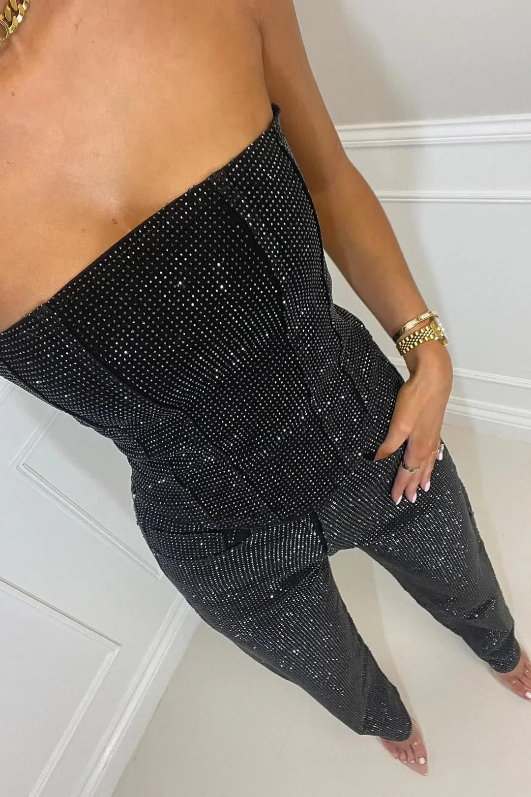 Women’s Black Strapless Wide Leg Jumpsuit with Elegant Design 2