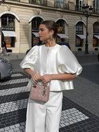 Women’s Blouse with Puff Sleeves and Round Neck in Relaxed Fit 1