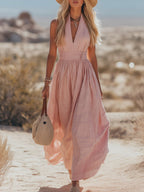 Women’s Boho Maxi Dress in Cotton-Linen with Halter Neck for Summer Outings 0