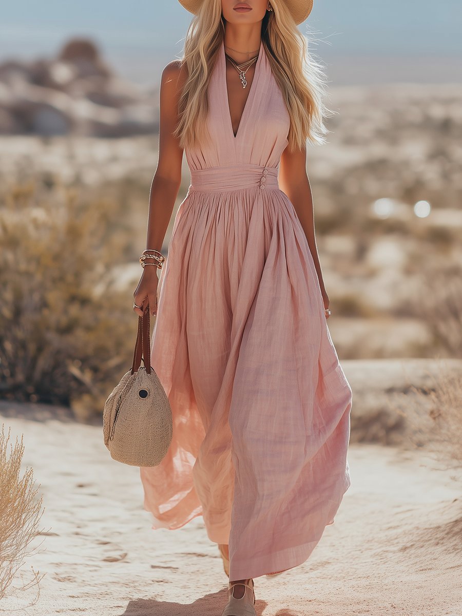 Women’s Boho Maxi Dress in Cotton-Linen with Halter Neck for Summer Outings 0