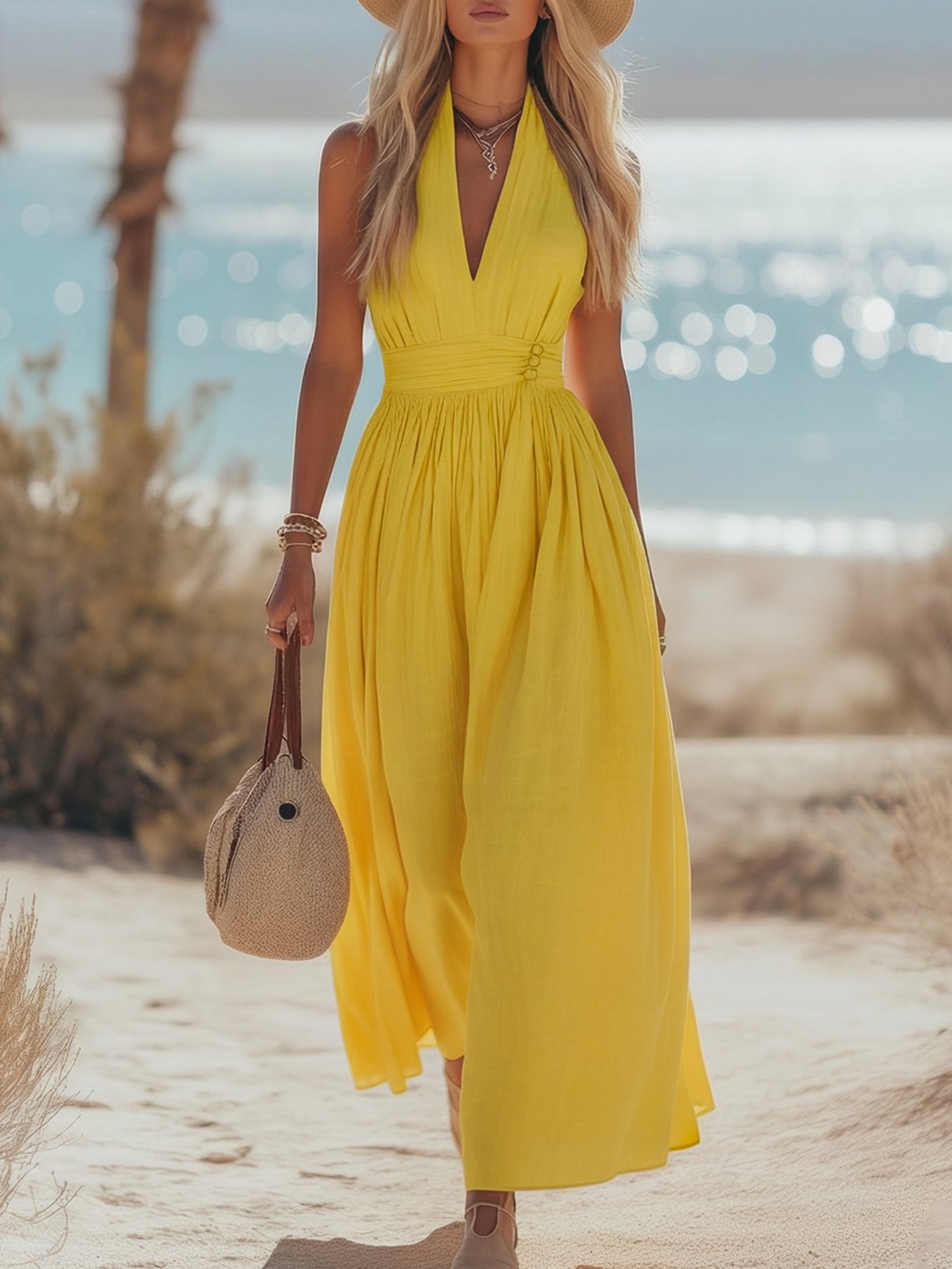 Women’s Boho Maxi Dress in Cotton-Linen with Halter Neck for Summer Outings 1