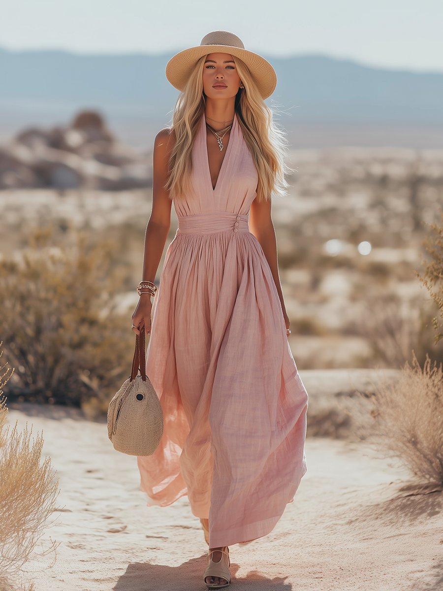 Women’s Boho Maxi Dress in Cotton-Linen with Halter Neck for Summer Outings 5