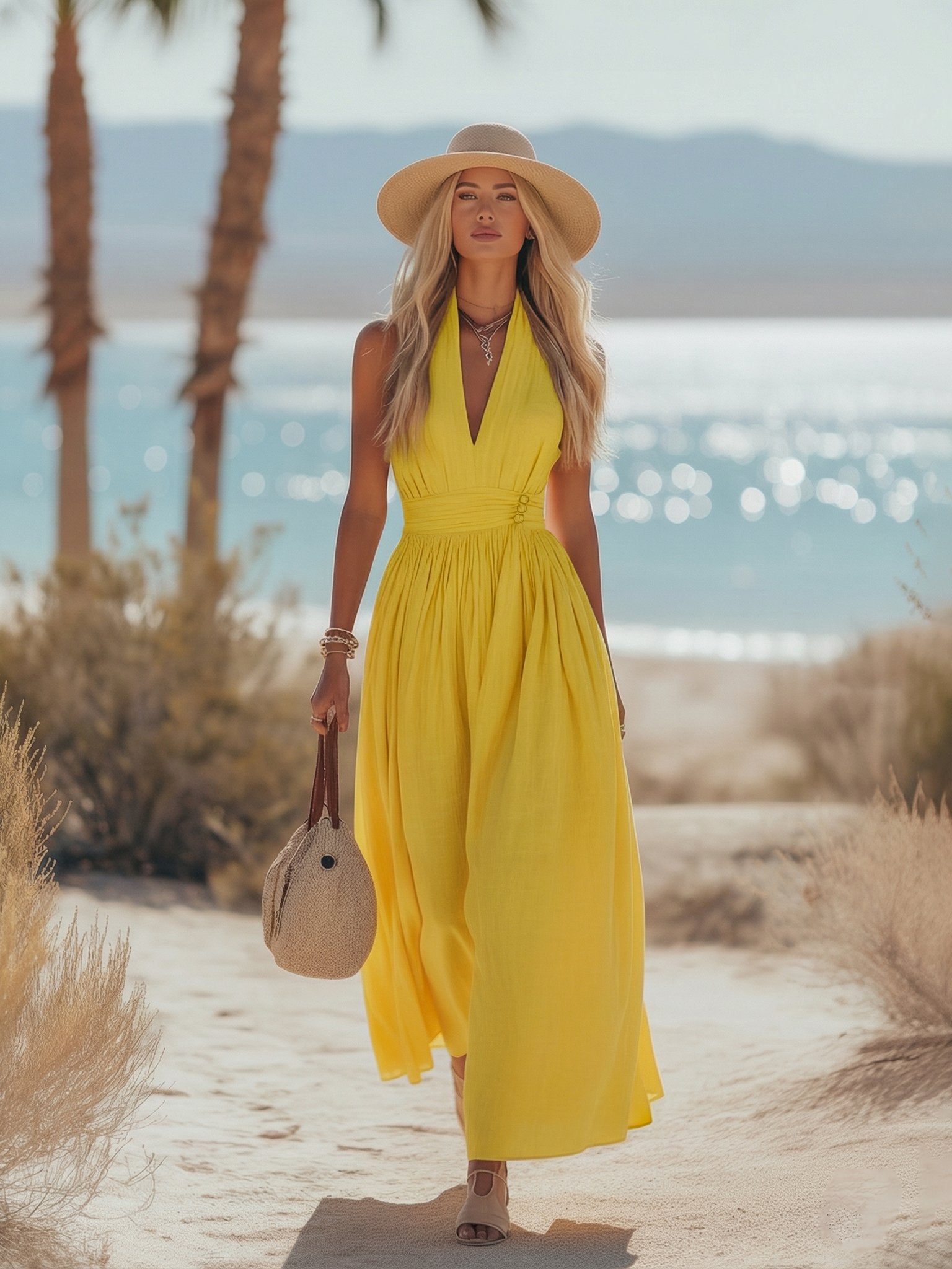Women’s Boho Maxi Dress in Cotton-Linen with Halter Neck for Summer Outings 6
