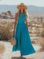 Women’s Boho Maxi Dress in Cotton-Linen with Halter Neck for Summer Outings 7