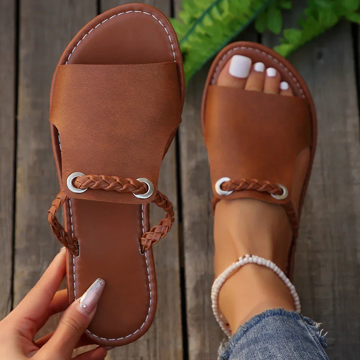 Women’s Braided Strap Flat Sandals in Leather with Cushioned Insole 1