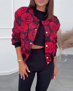 Women’s Casual Jacket with Rose Print and Button Closure 0