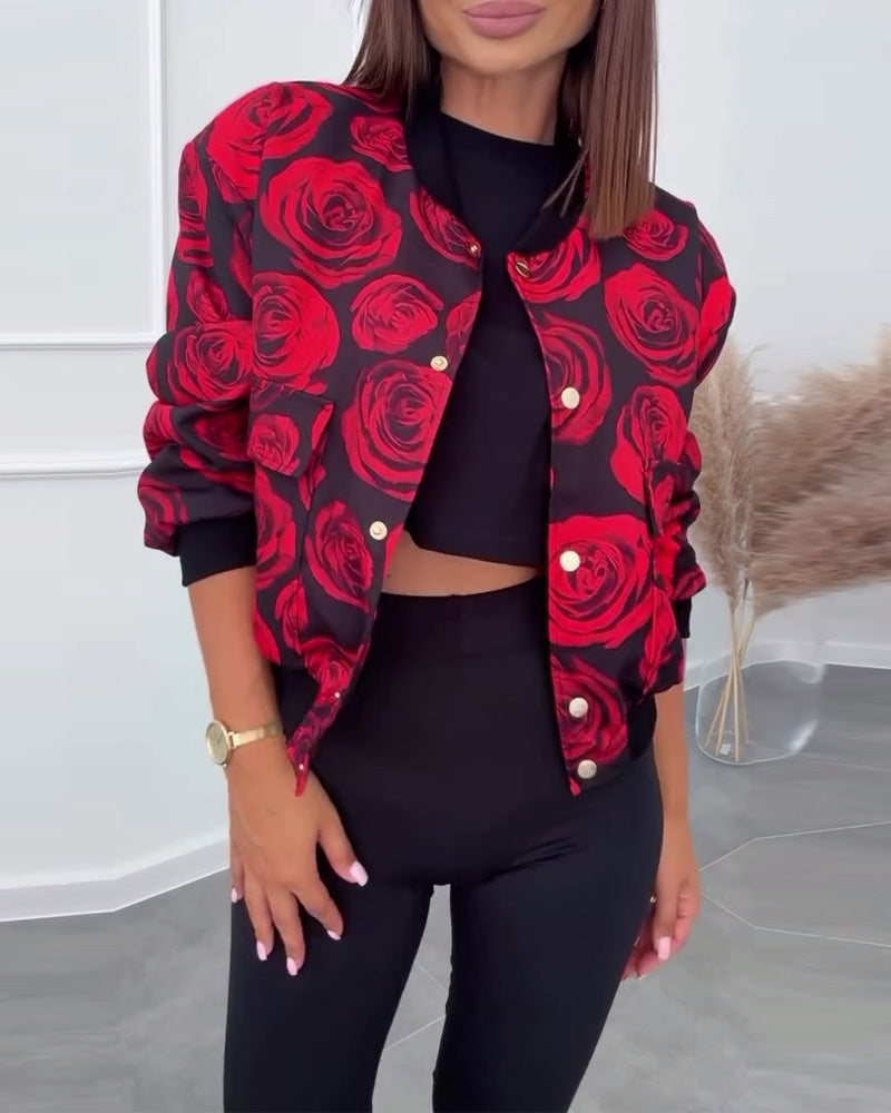 Women’s Casual Jacket with Rose Print and Button Closure 0