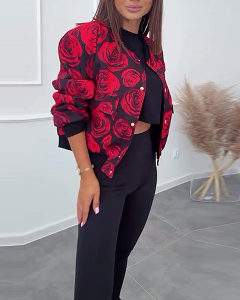 Women’s Casual Jacket with Rose Print and Button Closure 1