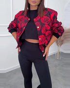 Women’s Casual Jacket with Rose Print and Button Closure 2