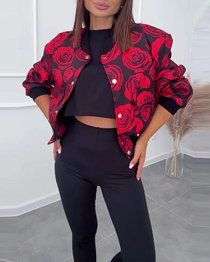 Women’s Casual Jacket with Rose Print and Button Closure 2
