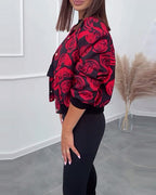 Women’s Casual Jacket with Rose Print and Button Closure 3