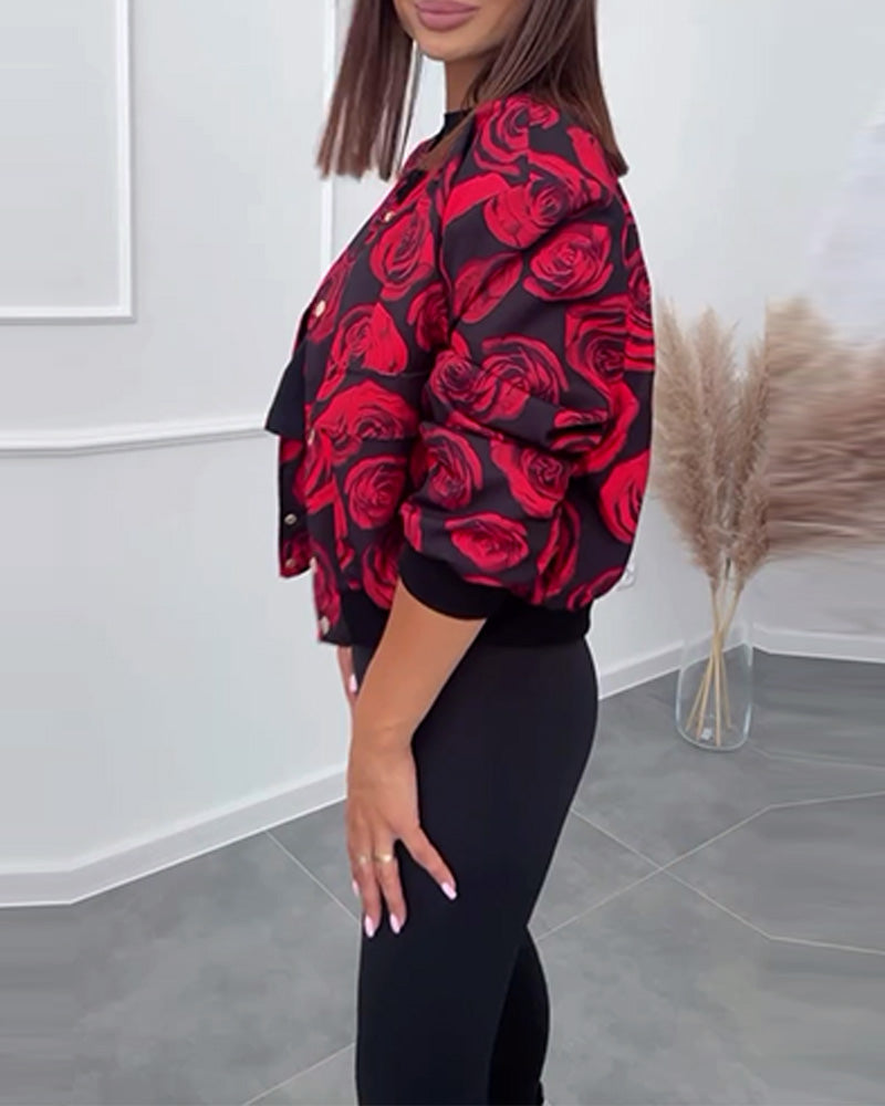 Women’s Casual Jacket with Rose Print and Button Closure 3