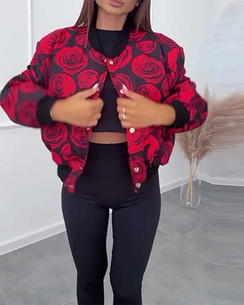 Women’s Casual Jacket with Rose Print and Button Closure 4