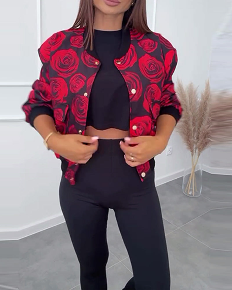 Women’s Casual Jacket with Rose Print and Button Closure 5