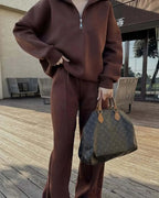 Women’s Casual Pants and Sweatshirt Set in Soft Fabric with Zipper Design 0