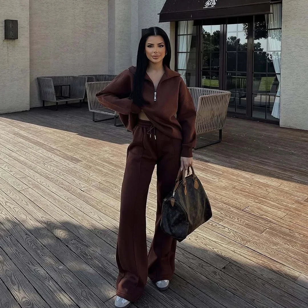 Women’s Casual Pants and Sweatshirt Set in Soft Fabric with Zipper Design 2