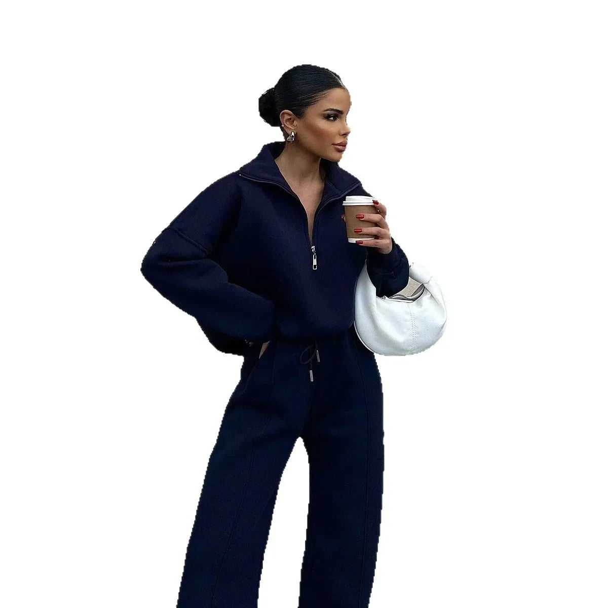Women’s Casual Pants and Sweatshirt Set in Soft Fabric with Zipper Design 6