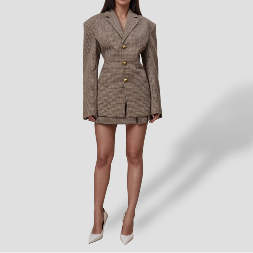 Women’s Checkered Longline Blazer with Structured Shoulders and Gold Button Detail 0